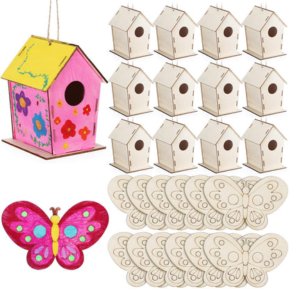 DoubleFill 24 Pack Wooden Bird Houses Bulk, Butterfly Wood Chips for DIY Unfinished Hanging Birdhouse Kits, Wooden Craft Houses to Paint VBS Craft Family Crafts Party Favor