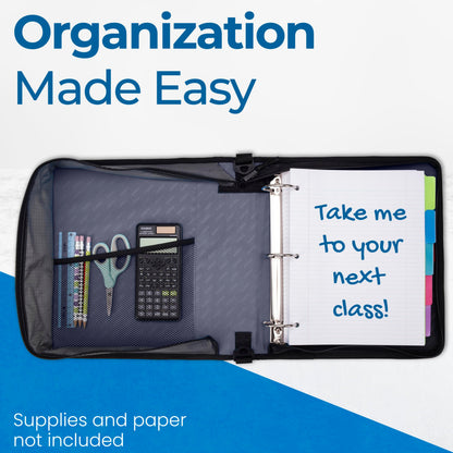 Case-it Classic Zipper Binder | 2-Inch O-Rings, 350 Sheet Capacity, Multiple Storage Pockets & Shoulder Strap | School & Office Organizer | D-251 Jet Black.