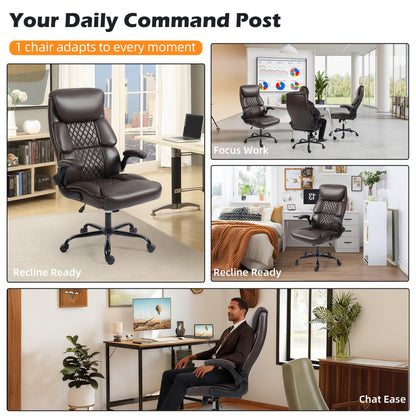 Office Chair - Ergonomic High Back Computer Desk Chair with Rocking Function & Lumbar Support - Executive Comfortable Wide Swivel Rolling Office Leather Chair with Flip-up Armrests for Home Gaming