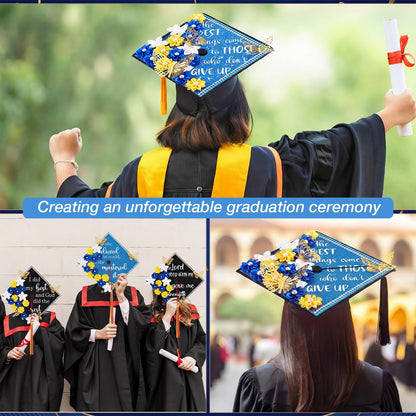Dunzoom 36 Pcs DIY Graduation Cap Decorations Accessory Kit Artificial Flowers Inspirational Cardstock 3D Butterfly Stickers Rhinestone Stickers for DIY Hat Grad Cap Topper Graduation Party(Blue)