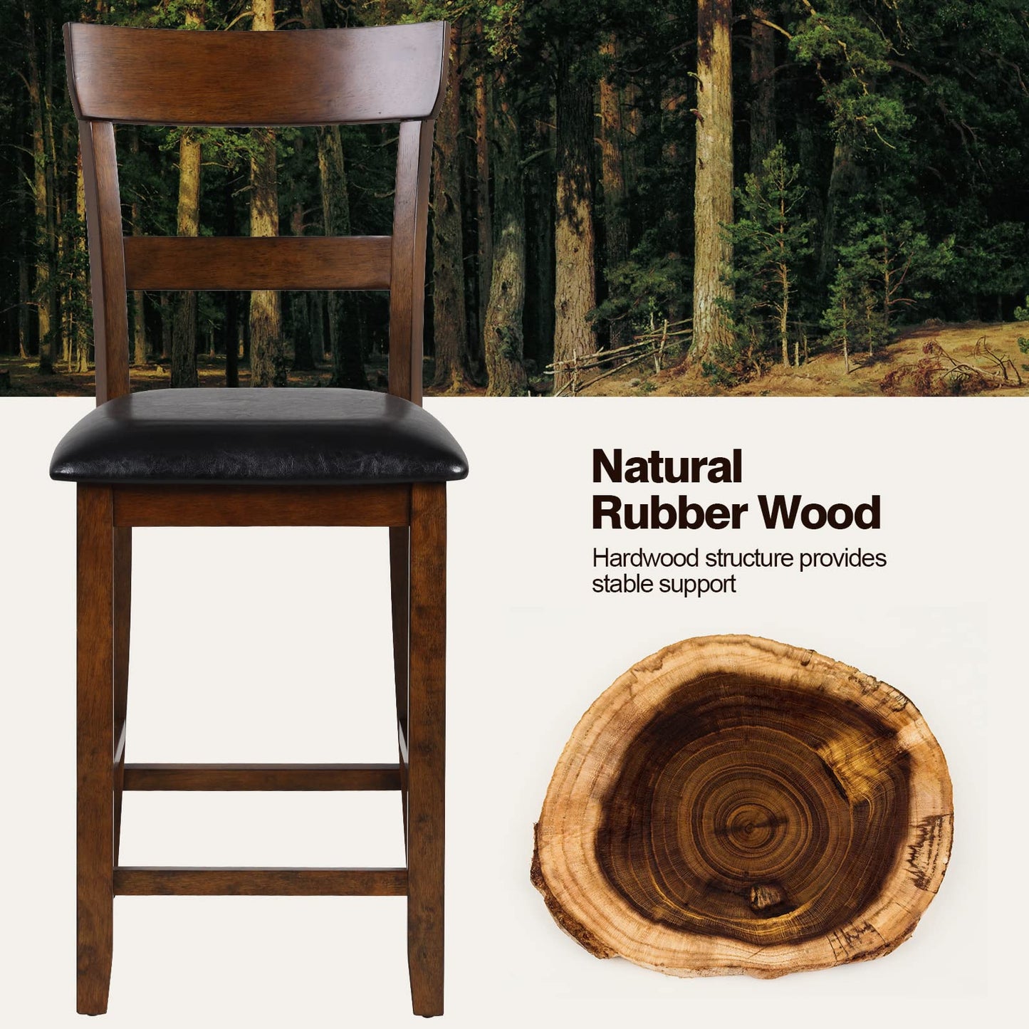 NAFORT Counter Height Bar Stools Set of 4, Farmhouse 25.5” Wood High Dining Chairs, Counter Stools with Back for Kitchen Restaurant Bar, Rubberwood Legs & Black PU Leather Cushion