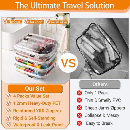 YQBRAO 4-Pack Clear Diaper Bag Organizer Pouches, 1.2mm Ultra-Thick PET Travel Pouches for Toiletries & Makeup, Rigid Self-Standing Bags with YKK Zippers, TSA Approved