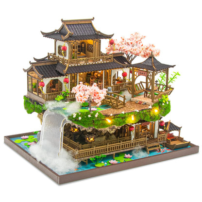 Hallisun DIY Miniature House Kit, Fairyland Tiny 3D Wooden House Making Set for Adults, Dollhouse Bookshelf Decor with Furniture & LED Lights, Christmas Birthday Greenhouse Craft Gift for Friend