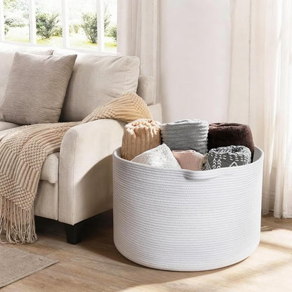 MEGASKET White Cotton Rope Storage Basket, 22" X 22" X 14" Extra Large Blanket Storage Living Room, XL Soft Toy Bin for Organizing, Woven Baby Laundry Basket with Handle, White Wicker Hamper Nursery