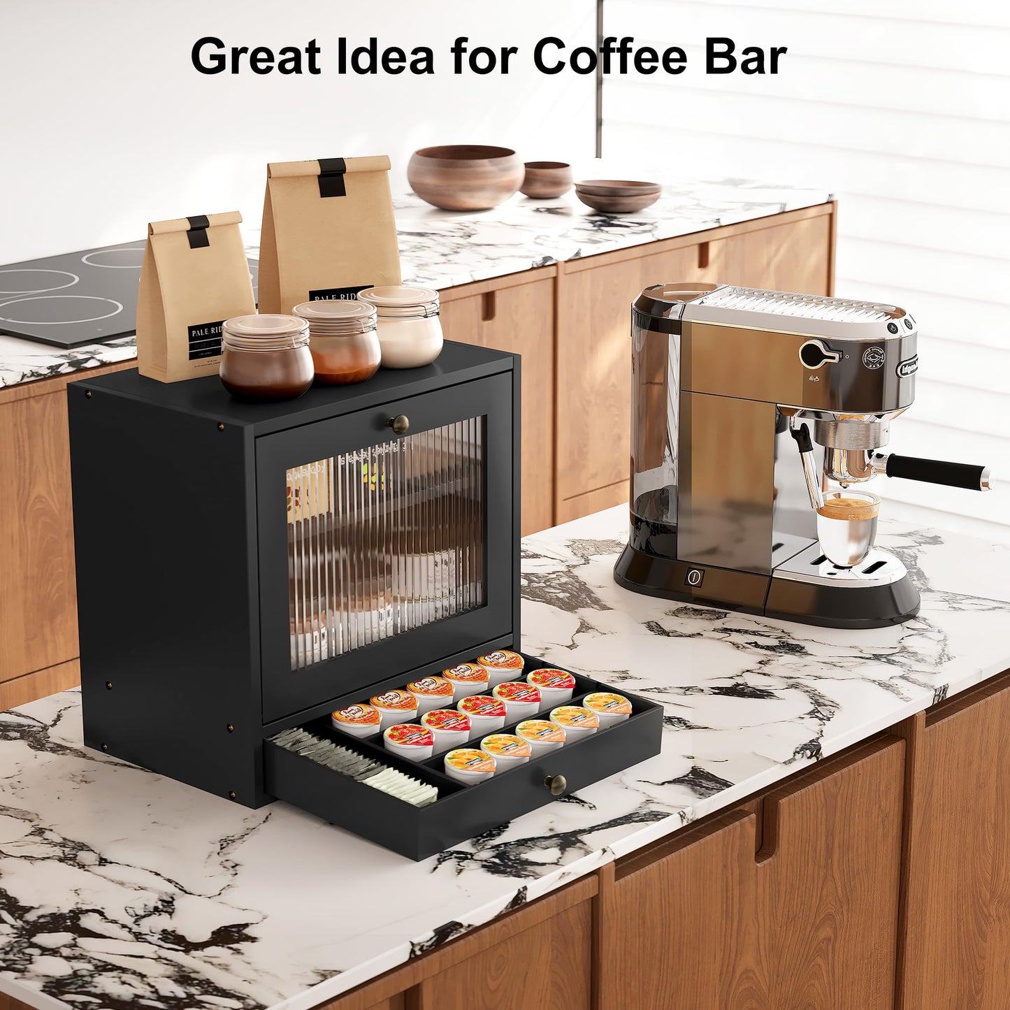 Alpeir Wooden Bread Box for Kitchen Countertop, Large Capacity with Ventilation Holes Adjustable Tiered-Shelf, Vintage Farmhouse Breadbox with Drawer & Window, Longer Freshness, Black
