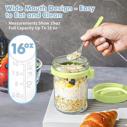 DRKIO 6 Pack Overnight Oats Containers with Lids and Spoons 16 Oz Glass Mason Jars for Overnight Oats Leak Proof Oatmeal Container Great for Cereal Fruit Vegetable Milk Salad Yogurt Meal Prep