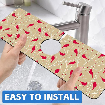 Christmas Cardinal Birds Kitchen Sink Splash Guard Mat Absorbent Fast Drying