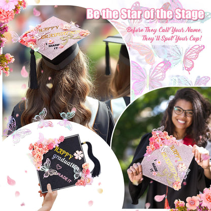 Graduation Cap Decorating Kit DIY Grad Cap Topper Crafts Glitter Cardstock Assorted Artificial Flowers Butterflies Rhinestones Alphabet Stickers Graduation Party Supplies (Pink)