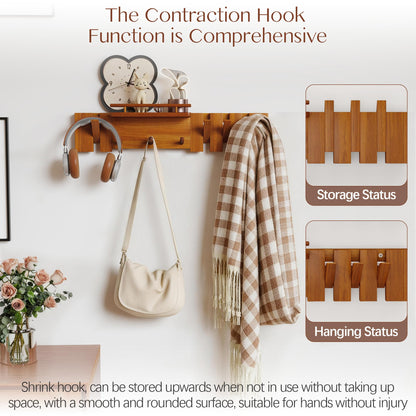 tonchean Wall Mounted Coat Rack, Piano Key Flip Style Walnut Wood Coat Hanger with 7 Hooks, Solid Wooden Hanging Rack for Home Entryway Bedroom Kitchen Living Room