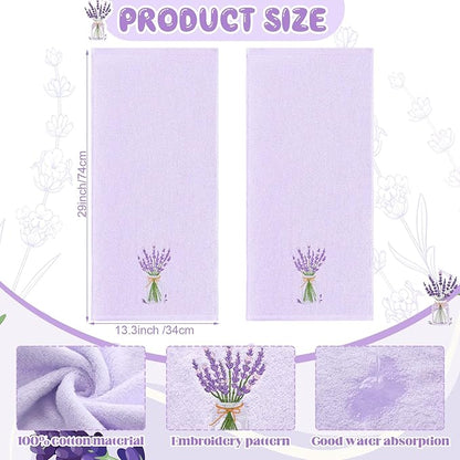 2 Pcs Lavender Hand Towels Purple Bathroom Decor 14x29 Inch Embroidered 100%