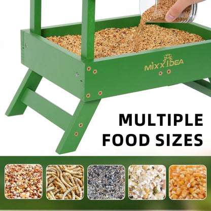 MIXXIDEA Ground Bird Feeder for Outdoors - Bird Feeder with shelter for Bird &Squirrel Wooden Chicken Picnic Table Platform Feeder Wild Bird Feed Crow Feeder for Outside with 5 LBS Capacity