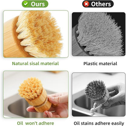 SUBEKYU Bamboo Dish Scrub Brushes, Kitchen Wooden Cleaning Scrubbers Set for Washing Cast Iron Pans/Pots, Set of 2