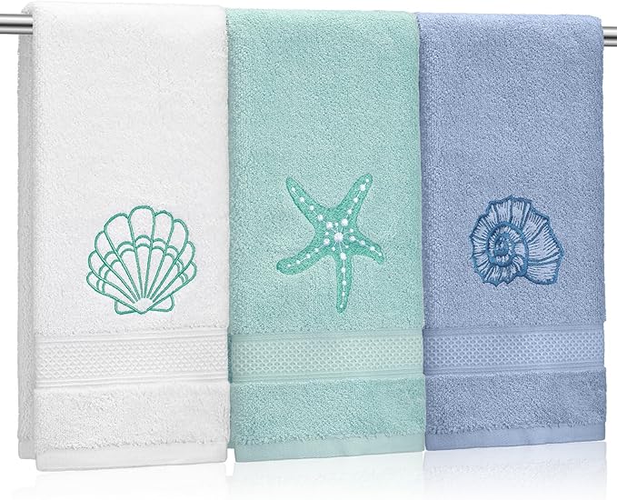 3 Pack Coastal Hand Towels for Bathroom 100% Cotton Embroidered Beach Bathroom