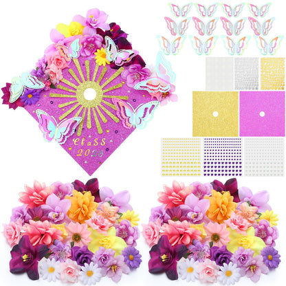 Wavwavw 47 Pcs DIY Purple Graduation Cap Decorations Accessory Kit 3D Artificial Flowers Butterfly Decals Rhinestone Pearl Stickers Letter Stickers Glitter Paper for Grad Hats Decor
