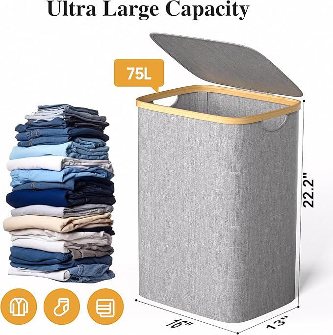 Large Laundry Hamper, 75L Waterproof Laundry Basket