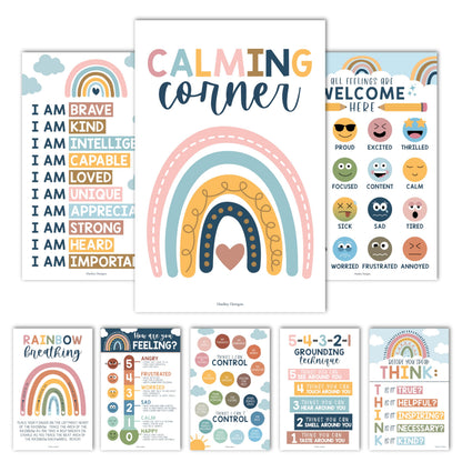 Hadley Designs 8 Calming Corner Posters for Classroom Must Haves - Calm Down Corner Supplies with Emotions Chart, School Counselor Mental Health Poster, Feelings Chart For Kids, Boho Classroom Decor