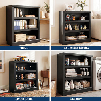 Unikito 3-Tier Storage Bookcase with Adjustable Shelves, Modern Wood Storage Organizer Rack, Free Standing Decorative Display Shelf for Home Office, Living Room and Bedroom-Black