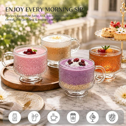INSETLAN Vintage Glass Coffee Mugs 14 oz Set of 4, Embossed Overnight Oats Containers with Bamboo Lids and Spoons, Glass Coffee Cups for Tea, Cappuccino, Latte, Cereal and Yogurt, Gifts for Women
