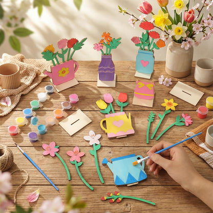 DoubleFill 34 Pcs Wooden Flowers DIY Craft Kit Self Standing Wood Spring Crafts Unfinished Wood Flower Slices Spring Flower Ornament to Paint Cute Tabletop Decor for Party Gift Activities Art Project