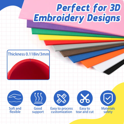 Funria 24Pcs 3mm Embroidery Foam 6" x 9" Puffy Foam for 3D Embroidery 11 Colors EVA Craft Foam Sheets for Cosplay Costume Sewing Hats Caps Garments Jackets Bags DIY Machine Embroidery