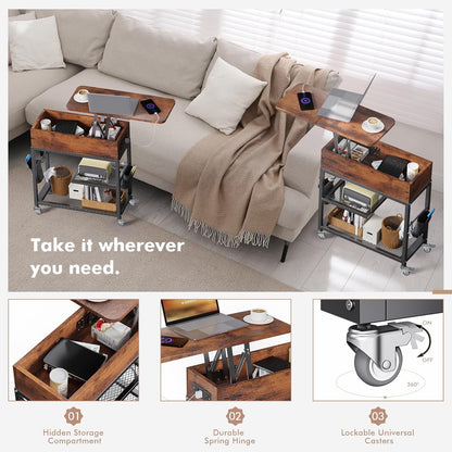 Colima Lift Top End Table with Charging Station and Wheels, Sofa Side Table with USB Port & AC Outlets, Movable Bedside Nightstand with Side Bag for Office Living Room Bedroom(Rustic Wood)