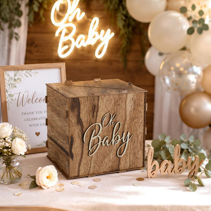 Bucherry Rustic Wooden Baby Shower Card Box Favors, 8.7 x 8.7 x 8.7 Inch Receiving Money Holder Card Box with Slot for Baby Showers, Birthday Party Table Centerpiece Decorations
