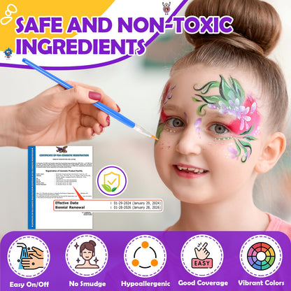 Face Painting Kit for Kids, 24 Colors Water Based Non-Toxic Face Paint with Stencils & Brushes, Professional Body Makeup Set for Halloween, Birthday, Parties with Guide Book Art and Craft Art Supplies