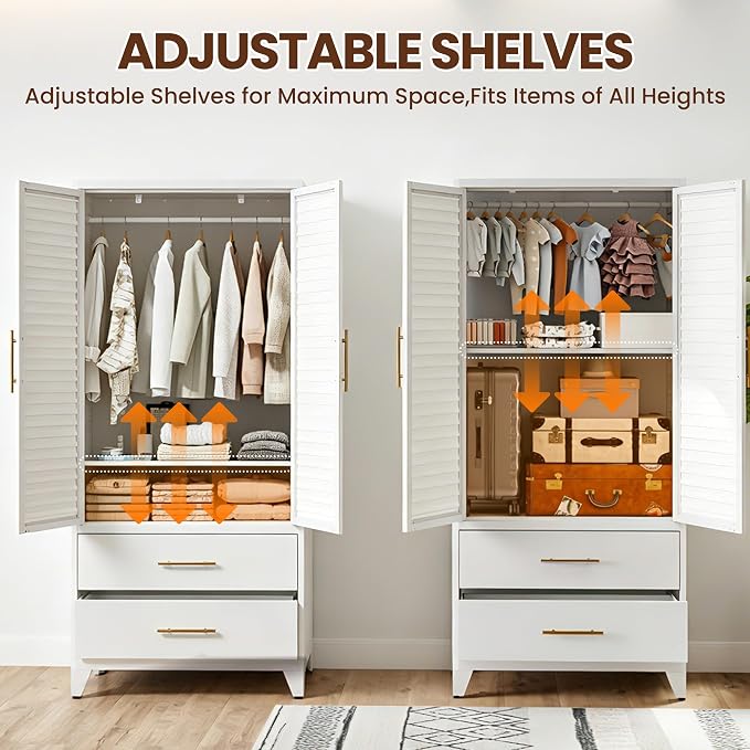 Metal Armoire Wardrobe Closet, 71" Clothing Storage Cabinets with Adjustable Hanging Rod and Shelves , Louvered Doors, 2 Side Hooks & 2 Drawers - Closet Cabinet for Bedroom, Laundry Room, Cloak Room