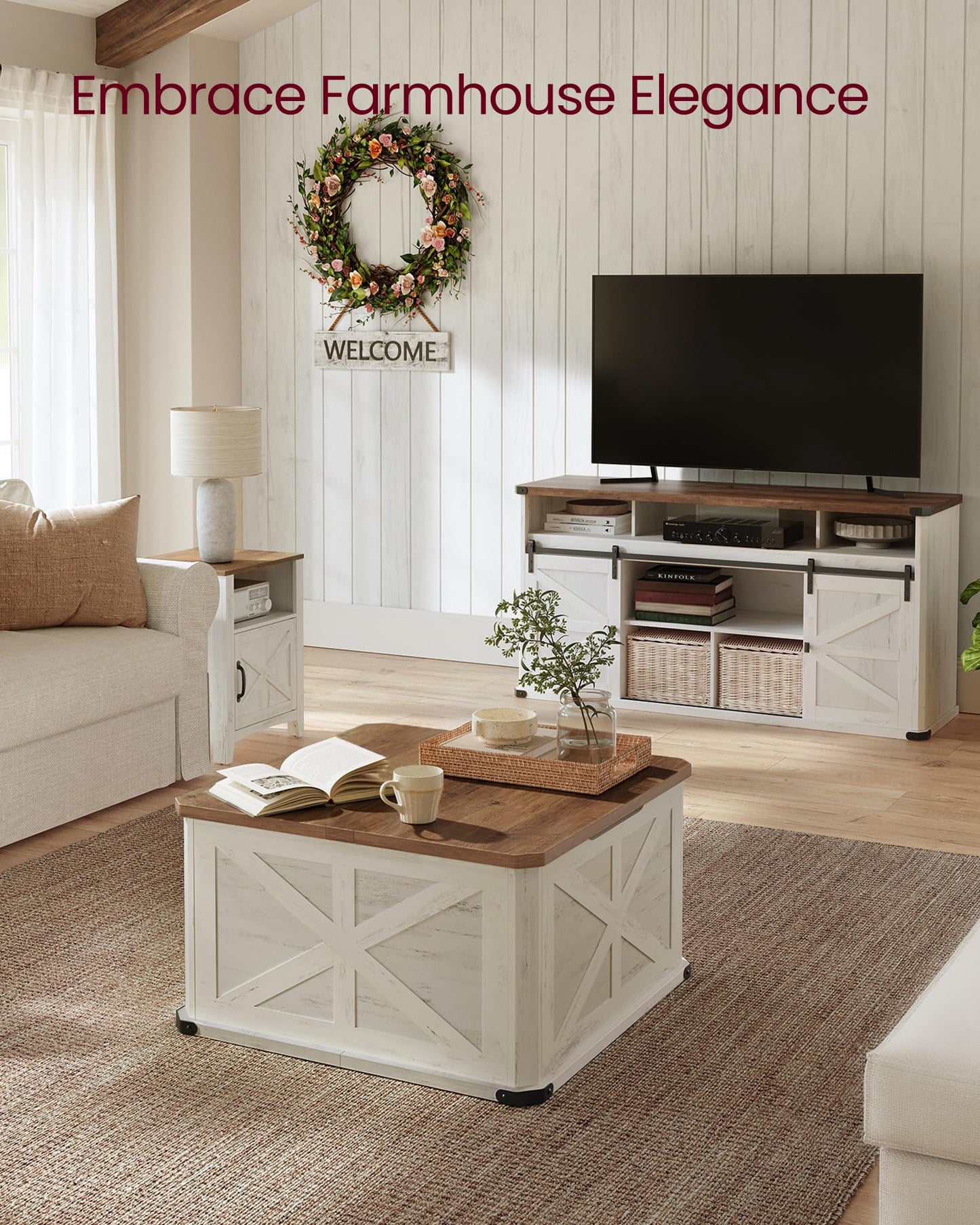 VASAGLE LIRY Collection - Farmhouse Coffee Table with Storage, Square Coffee Table for Living Room, Center Table with Flip-Top Lids, Honey Brown and Rustic White ULCT232W73