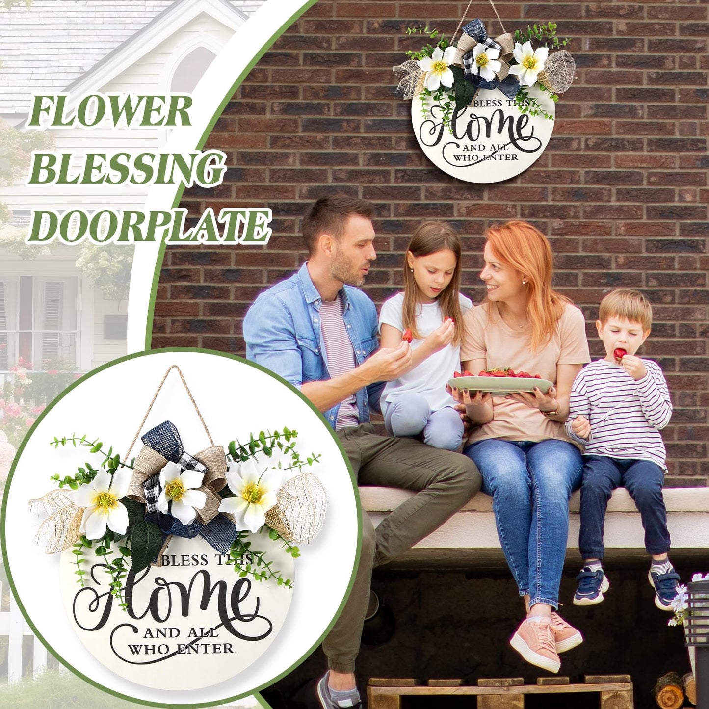Kathfly Bless This Home and All Who Enter Wooden Front Door Sign Welcome Sign for Front Door Magnolia Summer Wreath 12 Inch Christian Home Decor Jesus Round Rustic Wall Hanging Decor for All Season