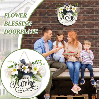 Kathfly Bless This Home and All Who Enter Wooden Front Door Sign Welcome Sign for Front Door Magnolia Summer Wreath 12 Inch Christian Home Decor Jesus Round Rustic Wall Hanging Decor for All Season