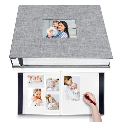 HoneyTolly Large Photo Album Self Adhesive with Picture Display Window, DIY Scrapbook Album for 4x6 8x10 Pictures, 40 Pages Linen Cover Memory Book with Scraper and Metallic Pen(Grey)