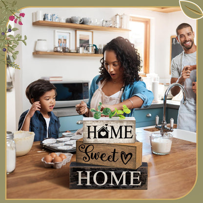 Briwooody 4 Pcs Farmhouse Wooden Table Decor Reversible Sweet Home Tiered Tray Decor Rustic Eucalyptus Leaves Wood Block Sign Gifts for Home Table Kitchen Shelf Fireplace Mantel Decoration
