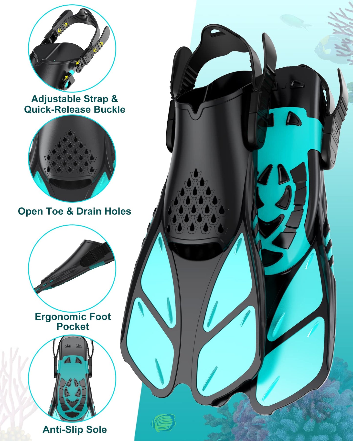 Viginsul Mask Fins Snorkeling Gear for Adults, Full Face Snorkel Mask & Adjustable Swim Fins Snorkel Set, Panoramic View Snorkel Mask Dry Top Anti-Fog Anti-Leak