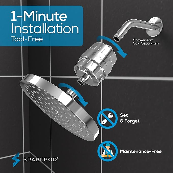 SparkPod 23-Stage Filtered Shower Head, 8" Round, Polished Chrome | Filtered Shower Head for Hard Water Filter, High Pressure, Reduces Chlorine, Heavy Metals, For Dry Skin & Hair
