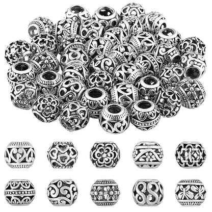 Hicarer 60 Pieces Silver Tone Spacer Loose Beads Hollow Filigree Tibetan Alloy Beads Spacer 10 mm Tiny Metal for Life Design DIY Jewelry Craft Making Necklace Bracelet Supplies