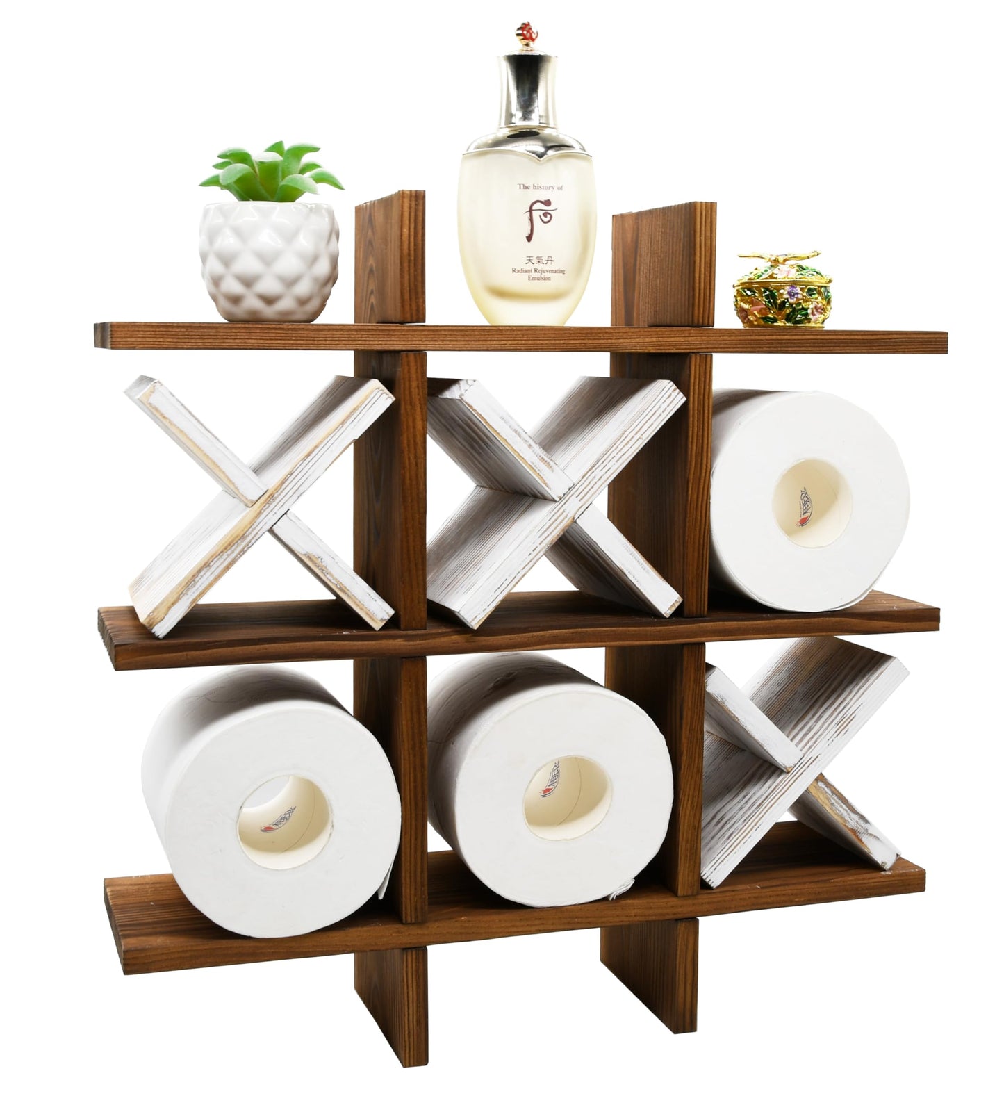 Owlgift Tic Tac Toe Toilet Paper Holder Rack Rustic Burnt Wooden Toilet Paper Storage Bathroom Hanging Storage Wall Mounted Shelves Décor for Toilet Tissue Farmhouse