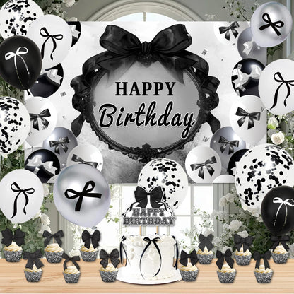 Black Bow Birthday Party Decorations Set - Cute Backdrop Banner, Hanging Banners, Balloons, Cake & Cupcake Toppers, Princess Theme Party Supplies Kit for Girls, Kids, Baby Shower