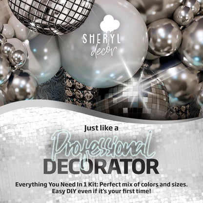 ALL-IN-1 Disco Balloon Arch Kit with BONUS Disco Ball Balloon for Party Decorations - Silver & White Balloons Garland for Disco Ball Party Decoration & Silver Party Decorations -Disco Balloons