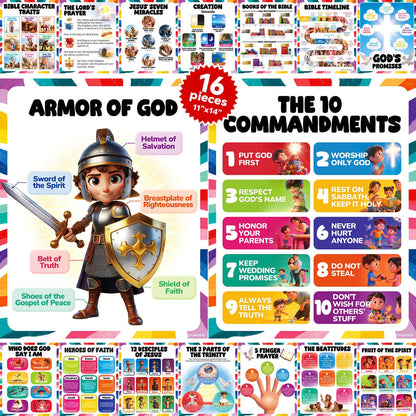 16pcs Bible Posters for Kids, 11x14in Sunday School Decorations for Classroom, Laminated Christian Wall Art with Glue Dots, Waterproof Books of the Bible Scripture Educational Prints for Homeschool