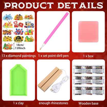 Chunful 13 Pcs Seasonal Diamond Art Tabletop Interchangeable Holiday Diamond Art Painting Kit with Wooden Light Base for 4th of July Summer Table Tiered Tray Home Office Tabletop Centerpiece Decor