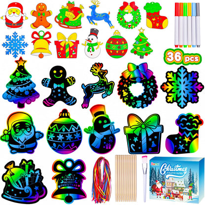 Garma 72Pcs Christmas Crafts Scratch Art for Kids, Rainbow Scratch Paper Christmas Ornaments Crafts Christmas Party Favors Toys Xmas Tree Ornaments Hanging Craft Art Kits