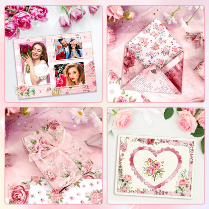 Konsait 24 Sheets Pink Flower Scrapbook Paper 12x12, Double Sided Rose Patterned Paper Floral Decorative Cardstock Pad Origami Papers for Card Making Romantic Scrapbook Supplies