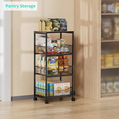 HapiRm Fruit Basket Kitchen Cart - 4-Tier Rolling Storage Cart with Wheels, Fruit Vegetable Basket with Wood Top, Pantry Utility Kitchen Organizer for Fruit Potato Onion Vegetable Bread Snack