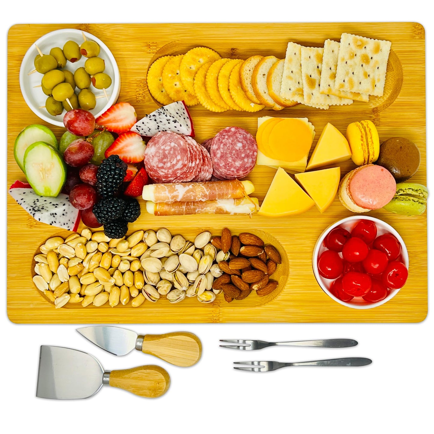 PandPal Bamboo Cheese Board with Knife, Bowl, Fork Set, Wood Charcuterie Platter & Food Serving Tray for Wine Glasses, Misoph Collection