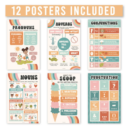 Parts of Speech Posters for Classroom Must Haves - 12 Grammar Posters, Writing Process for Homeschool, Elementary & Middle School, ELA 3rd 4th & 5th Grade Teacher Must Haves, Retro Classroom Decor