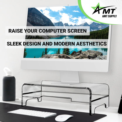 AMT Clear Acrylic Monitor Stand Riser 2 Tier, 5.5 Inches High Clear Computer Desk Organizer Shelf for Multi Media PC Storage Laptop