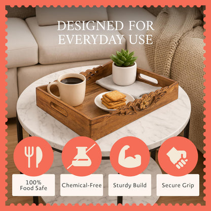 Mela Artisans 16” x 12” x 2.5” Mango Wood Serving Tray with Handles – Orchid Medium Burnt – Handcrafted Wooden Serving Board for Breakfast, Coffee & Home Décor