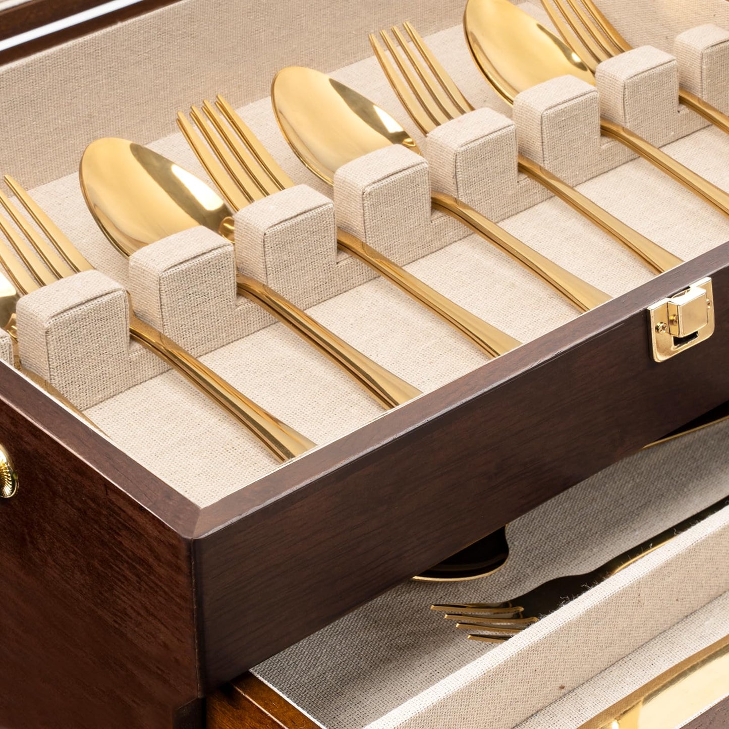Yoimori Silverware Storage Box, 3-Layer Flatware Storage Case with Drawer, Wooden Silverware Chest with Handle and Linen Liner, Rustic Silverware Case for Storing Fine Flatware and Utensils (Walnut)