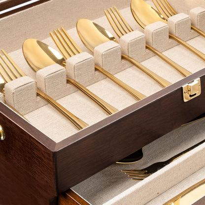 Yoimori Silverware Storage Box, 3-Layer Flatware Storage Case with Drawer, Wooden Silverware Chest with Handle and Linen Liner, Rustic Silverware Case for Storing Fine Flatware and Utensils (Walnut)